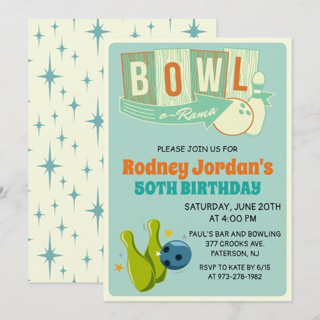 Invitation d'anniversaire Rétro Bowling - Tous âge (Devant / Derrière)