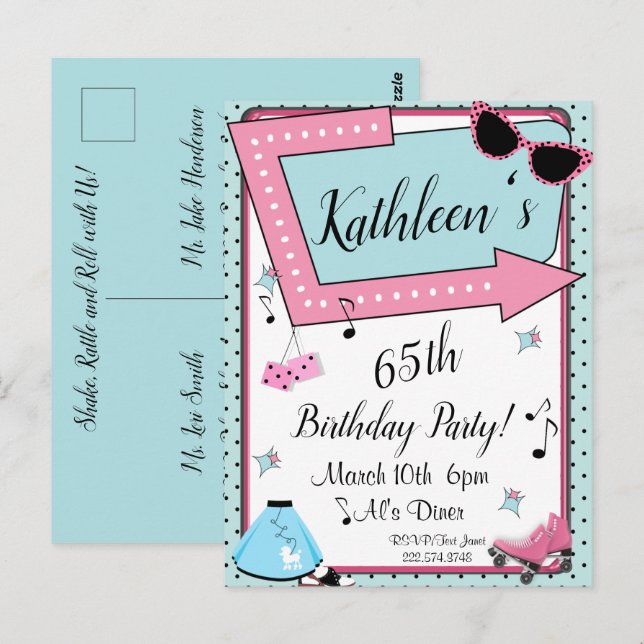 Invitation d'anniversaire Rétro des années 1950, t (Devant / Derrière)