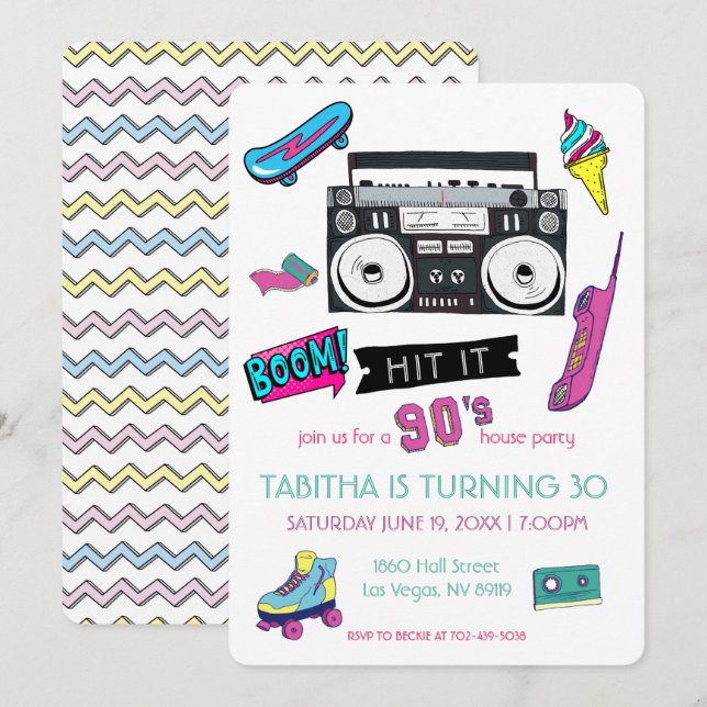 Invitation d'anniversaire rétro des années 90 (Devant / Derrière)