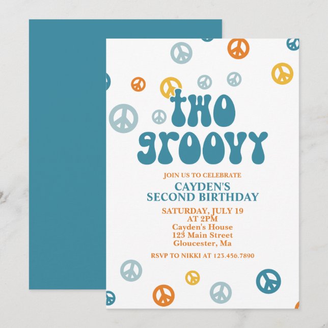 Invitation d'anniversaire rétro funky pour 2 ans (Devant / Derrière)