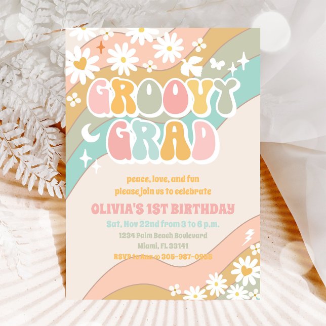 Invitation d'anniversaire rétro groovy à marguerit (Créateur téléchargé)