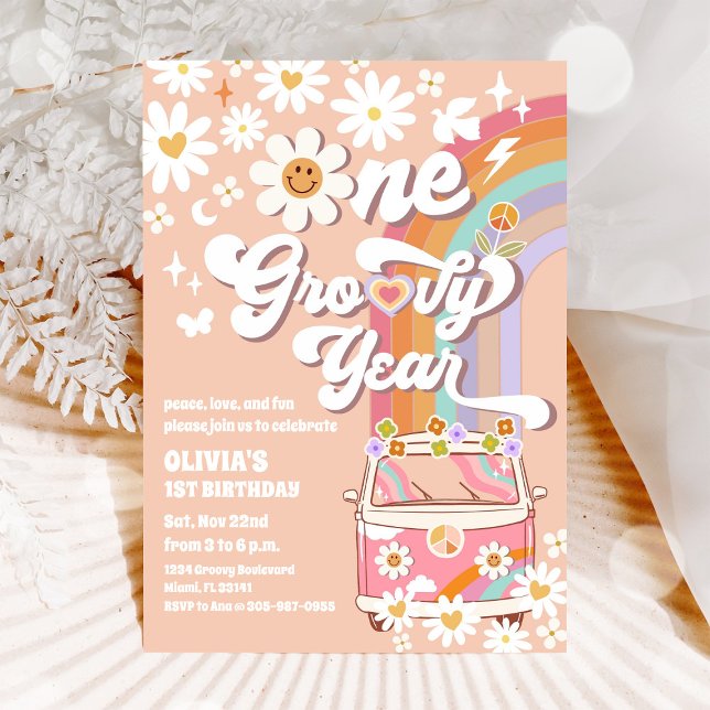 Invitation d'anniversaire rétro groovy pour les 1  (Créateur téléchargé)