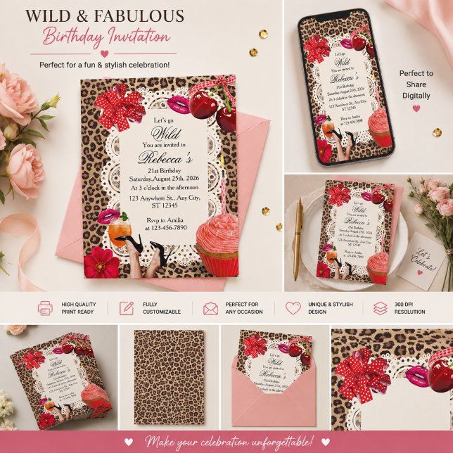 Invitation d'anniversaire Rétro Guépard & Cerise (Créateur téléchargé)