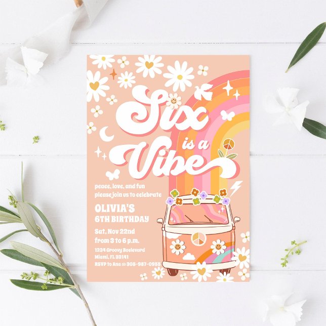 Invitation d'anniversaire Rétro Hippie pour les 6  (Créateur téléchargé)