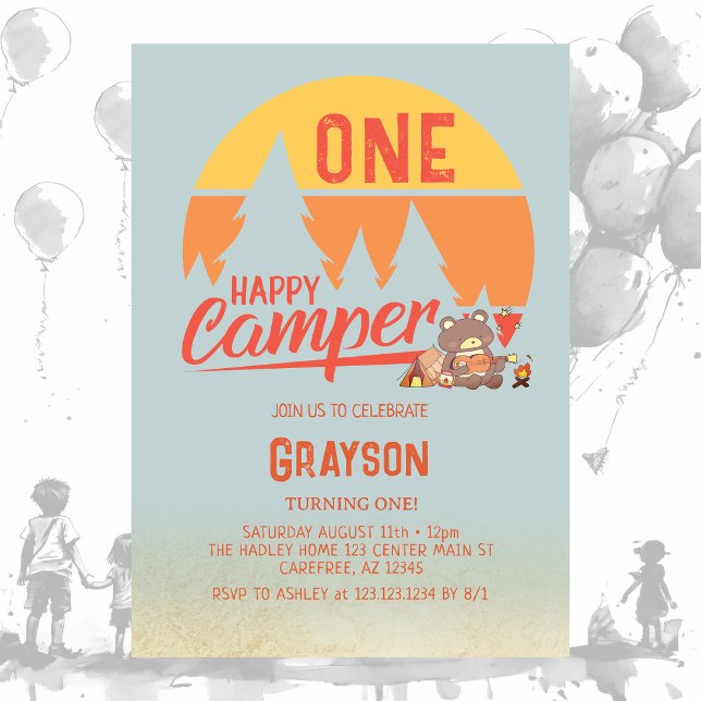 Invitation d'anniversaire rétro One Happy Camper (Créateur téléchargé)