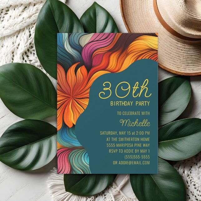 Invitation d'anniversaire rétro psychédélique mode (Orange and teal retro, psychedelic curves 30th birthday party invitation)