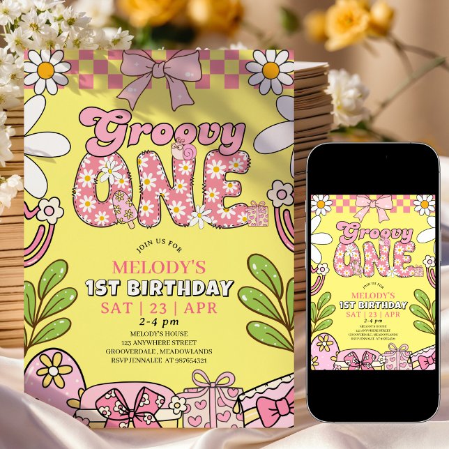 Invitation d'anniversaire rétro rose et jaune pour (Créateur téléchargé)