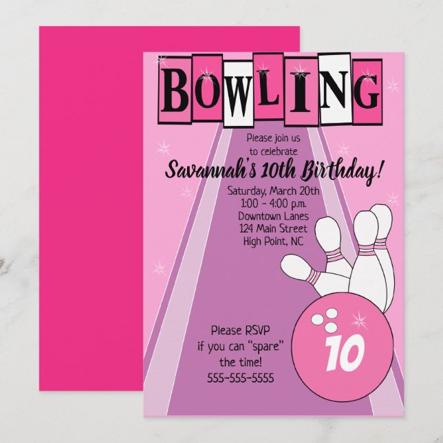 Invitation d'anniversaire rétro rose pour bowling  (Devant / Derrière)