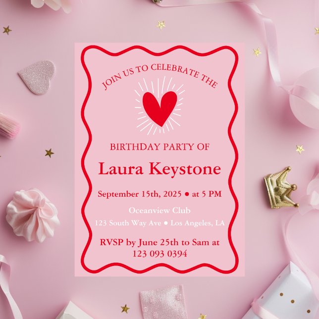 Invitation d'anniversaire Retro Rose & Red Wavy (Pink and Red Wavy Chic Invite)