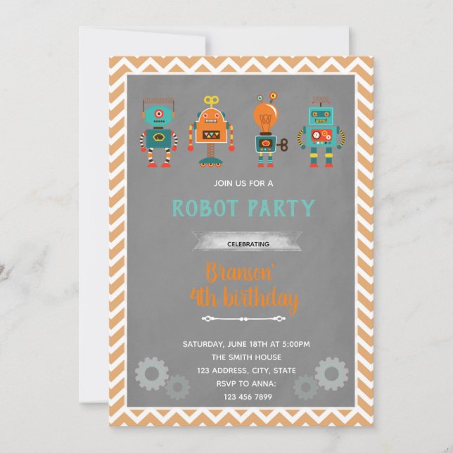 Invitation d'anniversaire robot vintage (Devant)