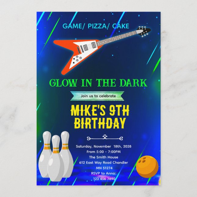 Invitation d'anniversaire Rock and Bowling (Devant)