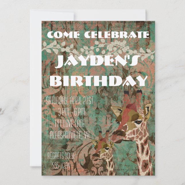 Invitation d'anniversaire Rosa Giraffes Damask (Devant)