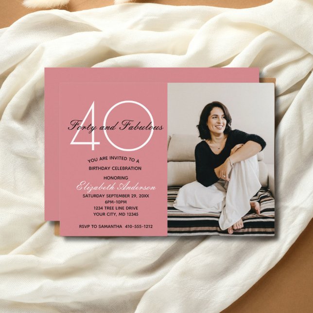Invitation d'anniversaire rose 40 ans et fabuleuse (Photo Pink 40th birthday invitation for her. Printed or Digital Download)