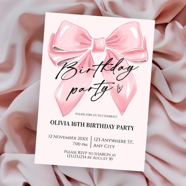 Invitation d'anniversaire rose à noeud coquet (Créateur téléchargé)