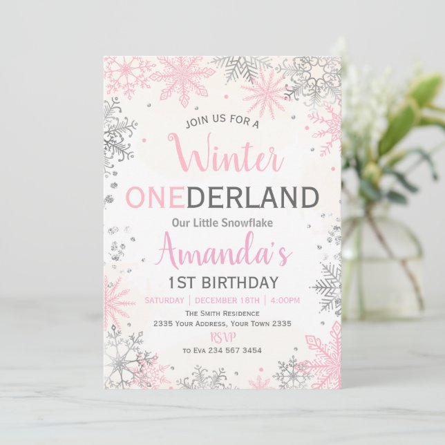 Invitation d'anniversaire Rose Argent Winter ONEde (Debout devant)