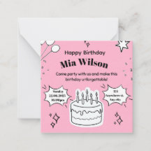 Invitation d'anniversaire rose avec illustration d