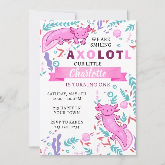 Invitation d'anniversaire rose Axolotl (Devant)