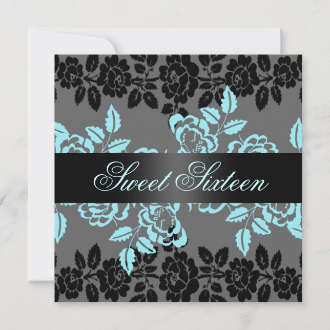 Invitation d'anniversaire Rose Bleu/Noir & Gris Sw (Devant)