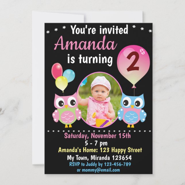 Invitation d'anniversaire Rose Blue Owl (Devant)