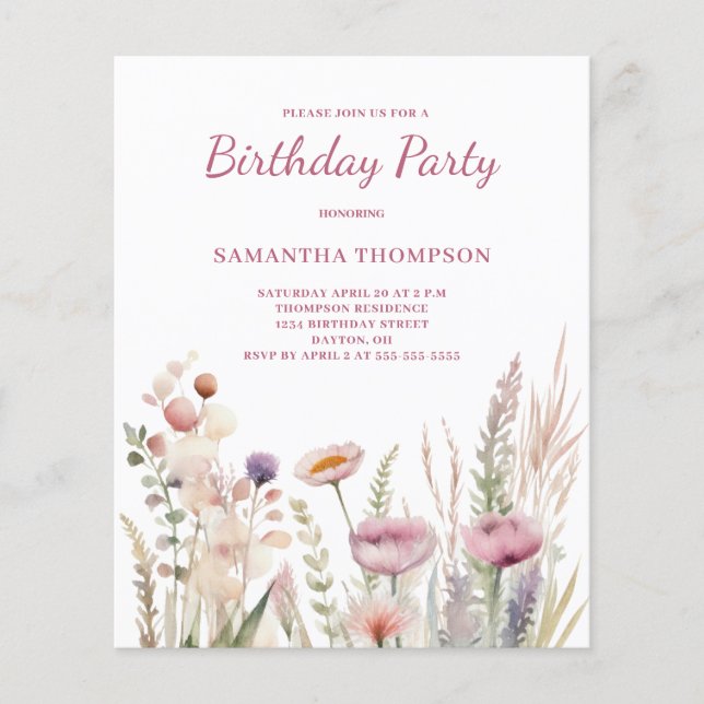Invitation d'anniversaire rose budget (Devant)