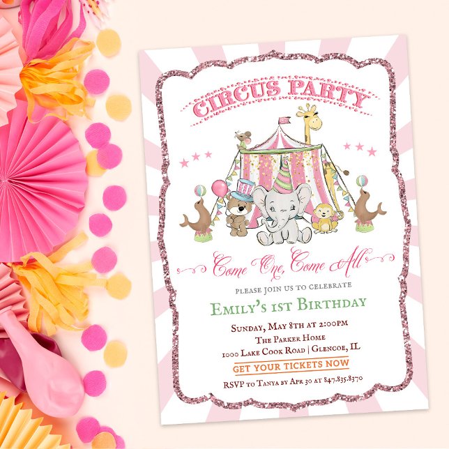 Invitation d'anniversaire rose cirque mignon - TOU (Créateur téléchargé)