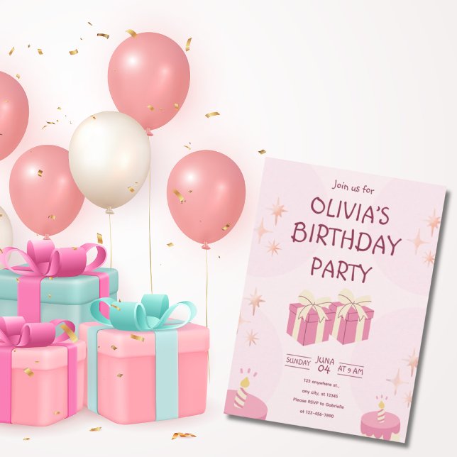 Invitation d'anniversaire rose élégante pour fille (Créateur téléchargé)