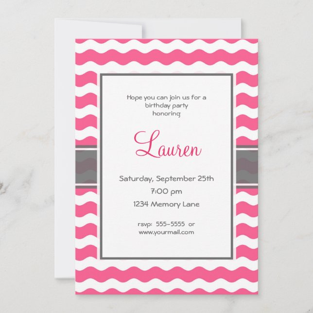 Invitation d'anniversaire rose et gris (Devant)