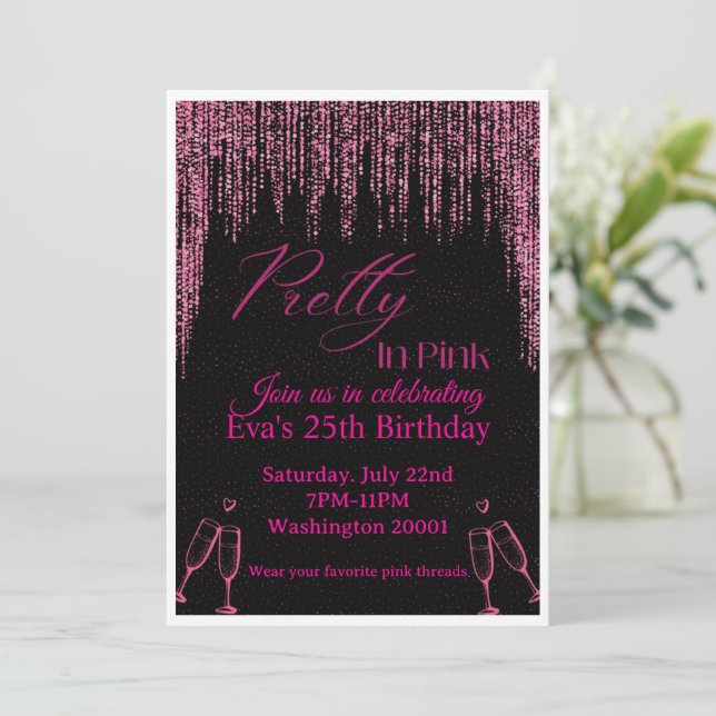 Invitation d'anniversaire rose et noir (Debout devant)