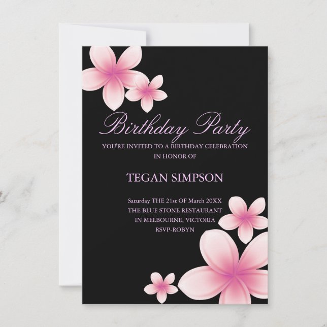 Invitation d'anniversaire rose et noir Frangipani (Devant)
