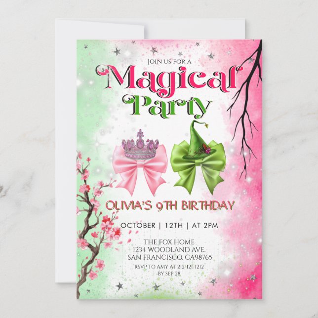 Invitation d'anniversaire rose et verte Magique So (Devant)