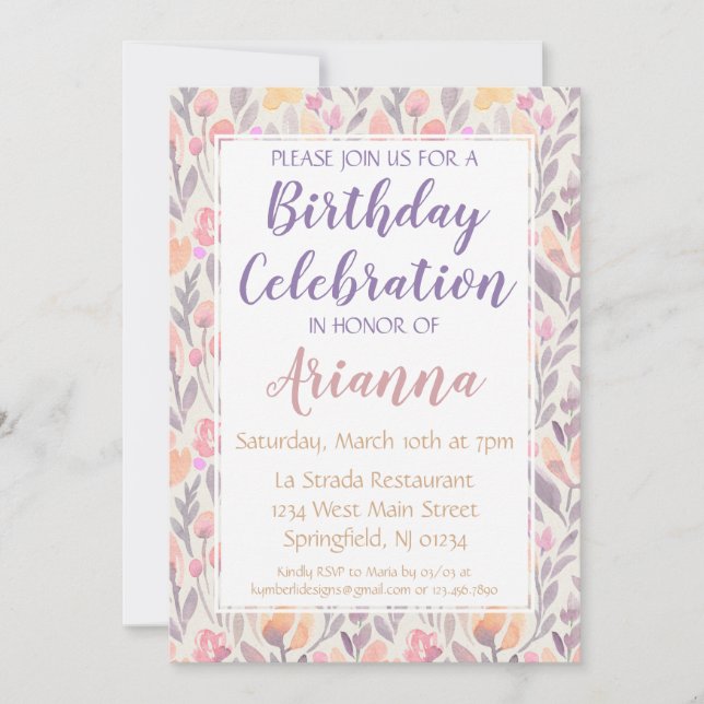 Invitation d'anniversaire rose et violet (Devant)