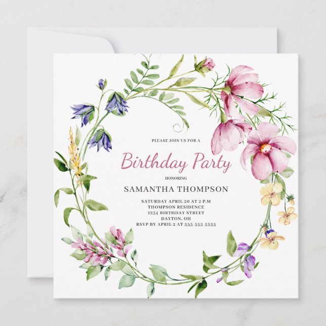 Invitation d'anniversaire rose floral (Devant)