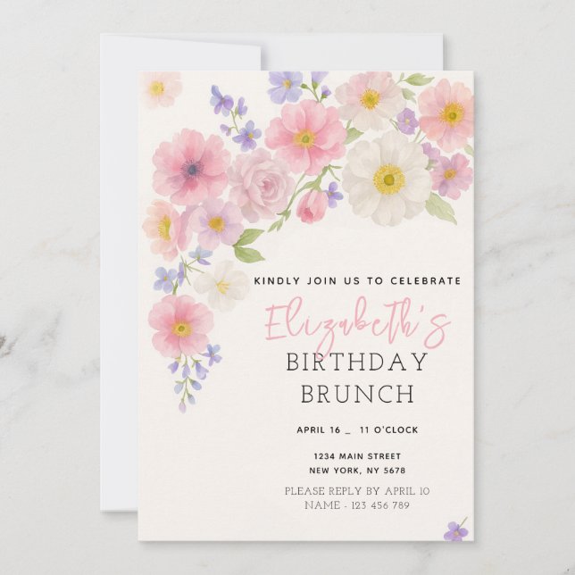 Invitation d'anniversaire rose floral (Devant)