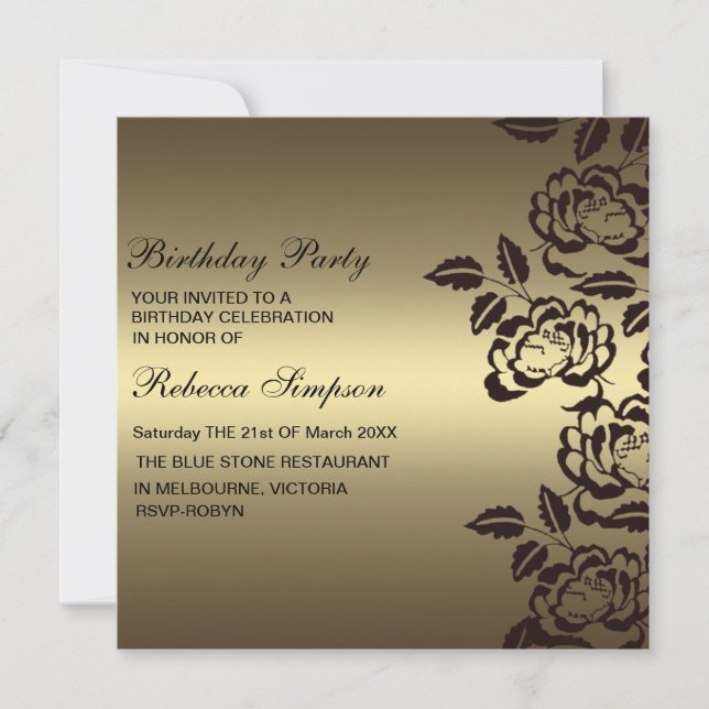 Invitation d'anniversaire rose Gold & Black Flower (Devant)