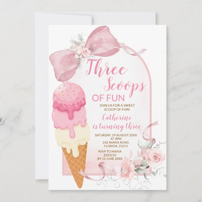 Invitation d'anniversaire Rose Ivory Trois Boules  (Devant)