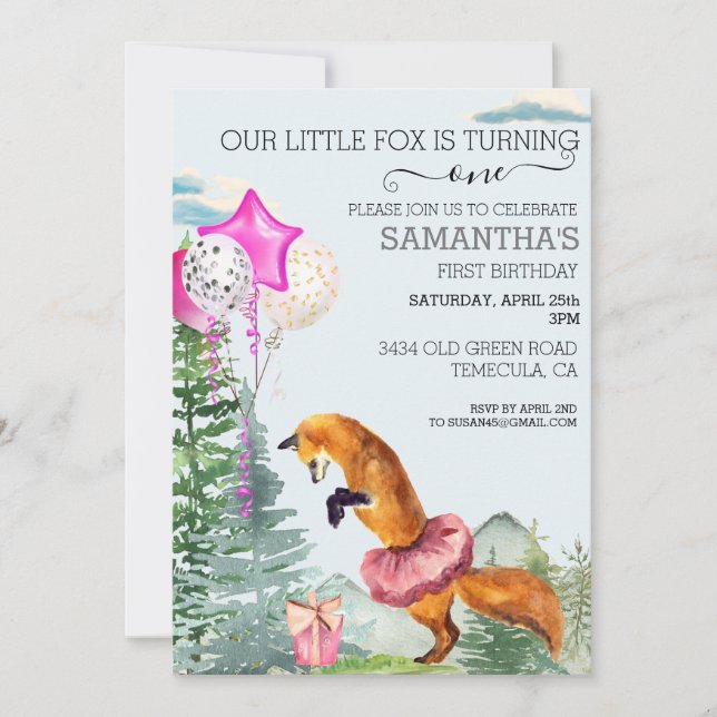 Invitation d'anniversaire rose Little Fox Watercol (Devant)