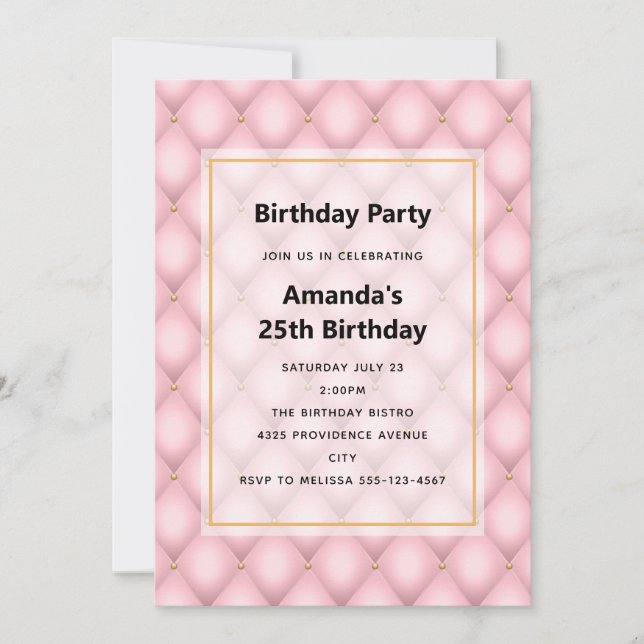 Invitation d'anniversaire rose luxueuse à motif di (Devant)