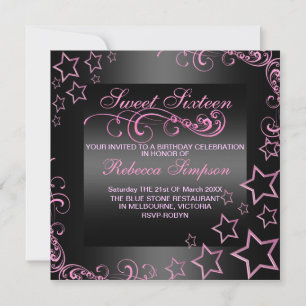 Invitation d'anniversaire rose/noir16 étoile & tou