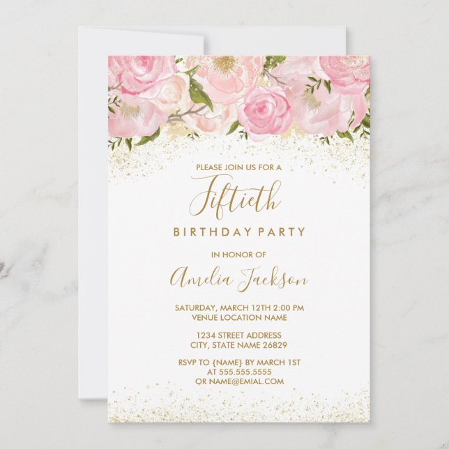 Invitation d'anniversaire Rose Pailletée Or Rose 5 (Devant)