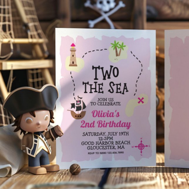 Invitation d'anniversaire rose Pirate Deux la Mer (Créateur téléchargé)