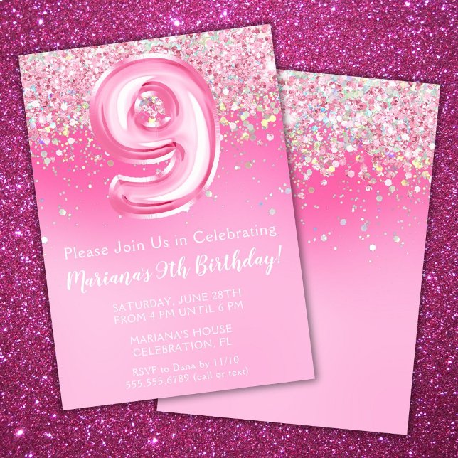 Invitation d'anniversaire rose pour fille de 9 ans (Créateur téléchargé)