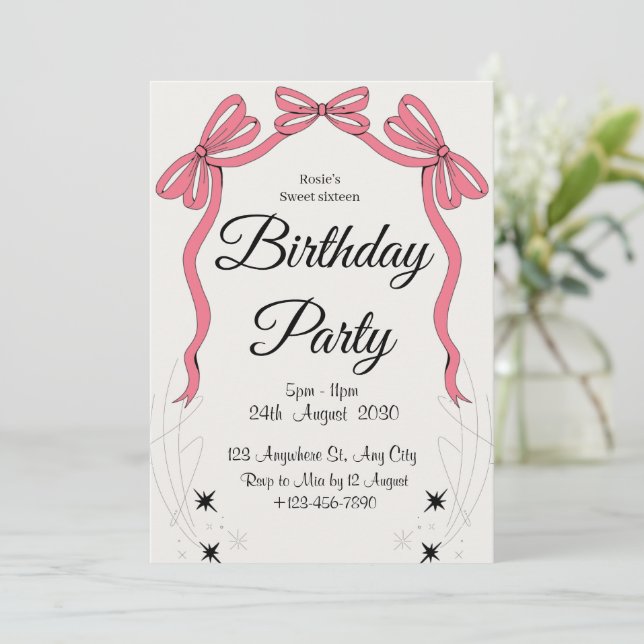 Invitation d'anniversaire rose scintillante fémini (Debout devant)