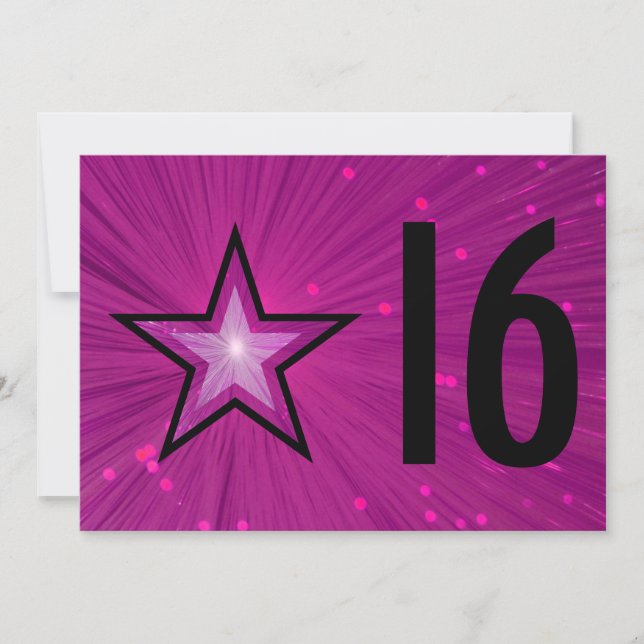 Invitation d'anniversaire rose Star '16' noir reto (Devant)