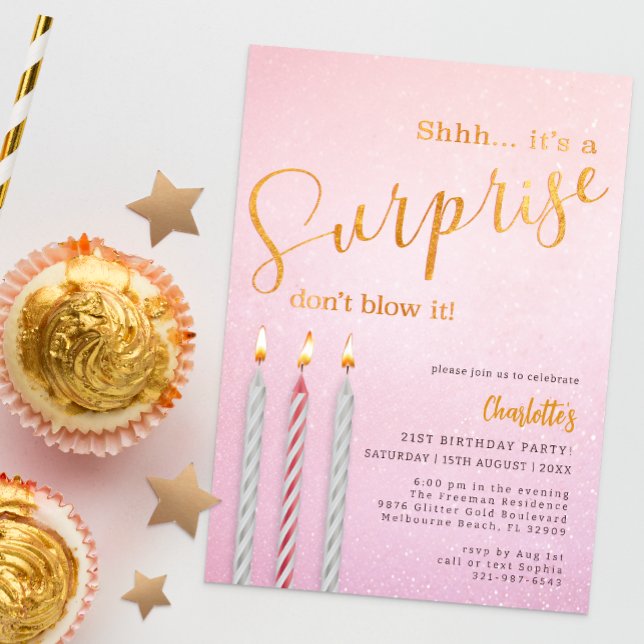 Invitation d'anniversaire rose surprise - bougie d (Surprise Birthday Party Invitation)