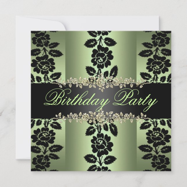 Invitation d'anniversaire Rose Verte & Noire (Devant)