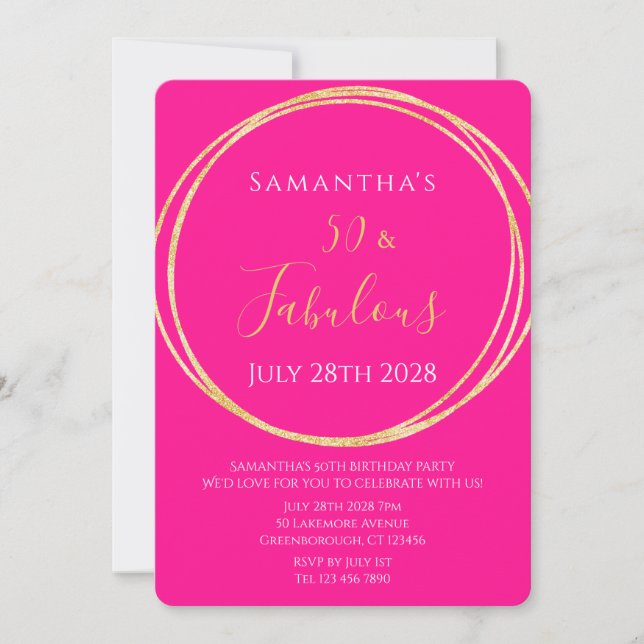Invitation d'anniversaire rose vif or pour 50 ans (Devant)