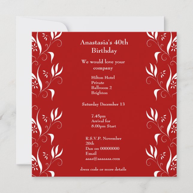 Invitation d'anniversaire rouge avec motif floral  (Devant)
