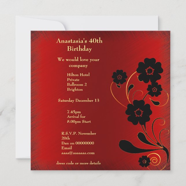 Invitation d'anniversaire rouge effrangé avec flor (Devant)
