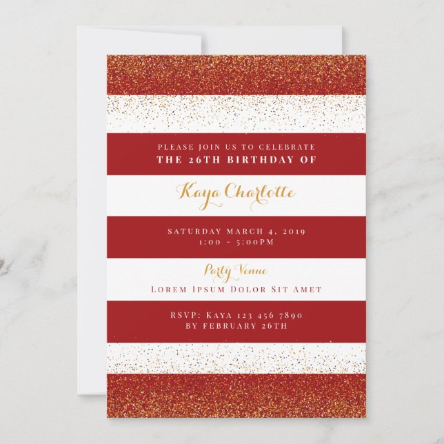 Invitation d'anniversaire rouge et or pour adultes (Devant)