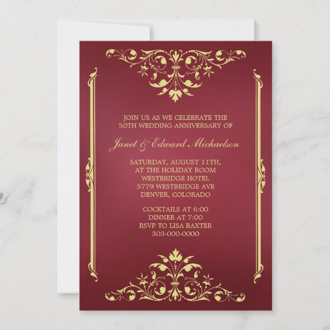 Invitation d'anniversaire rouge et or victorienne (Devant)